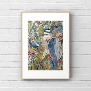 Blue Heron Bird Art Print. Blue Heron Bird Watercolor Print. Blue Heron Art. Wall Decor. KingaRooArt Watercolor Painting.