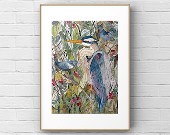 Blue Heron Watercolor Art Print, Marsh Bird Wall Decor