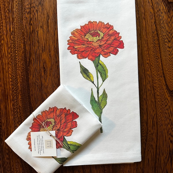 Zinnia Flower Flour Sack Tea Towel, Zinnia Print, Zinnia Kitchen Decor, Zinnia Dish Towel, Zinnia Gift, Zinnia Flowers, Kitchen Decor