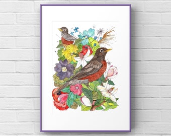Robin Bird Watercolor Art Print, Two Robins and Magnolia Tree