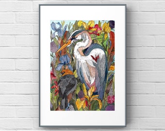 Blue Heron Bird Art Print. Blue Heron Bird Watercolor Print. Blue Heron Art. Wall Decor. KingaRooArt Watercolor Painting.