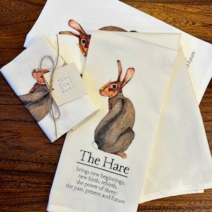 Bunny Tea Towel, Hostess Gift, Easter Kitchen Decor Towel, Hare Print Gift, Rabbit Kitchen Dish Towel