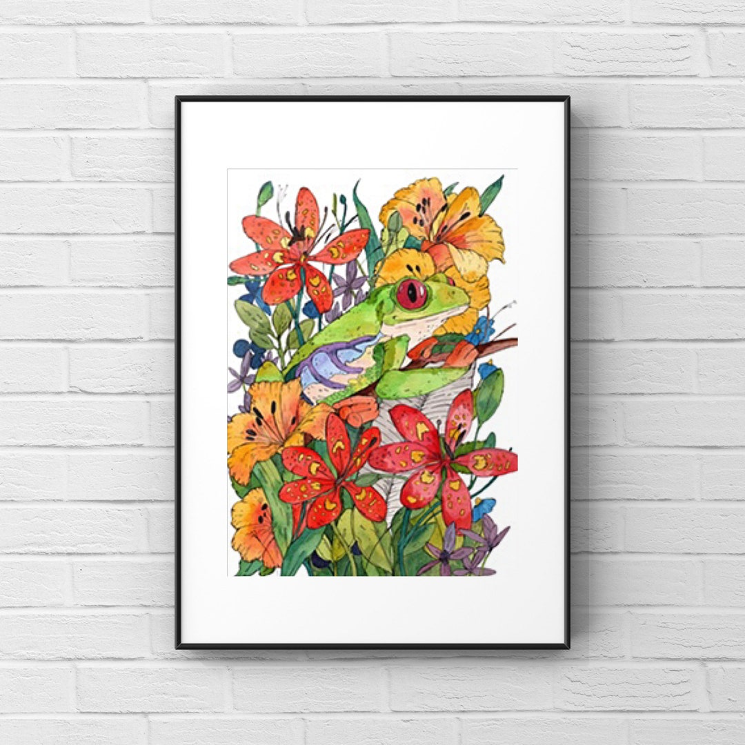Tropical Frog and Lilies Art Print, Watercolor Art, Frog Painting Etsy