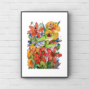Tropical Frog and Lilies Art Print, Watercolor Art, Frog Painting