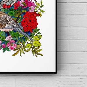 May include: A watercolour painting of two birds perched on a branch with red berries and pink flowers. The birds are brown and white with long tails. The background is a blue and green watercolour wash.