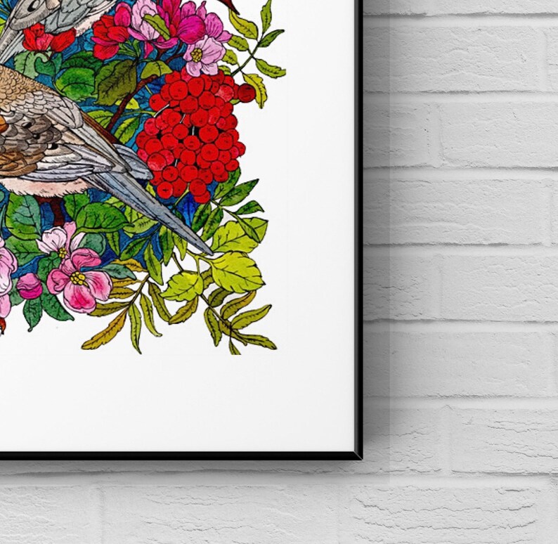 May include: A watercolour painting of two birds perched on a branch with red berries and pink flowers. The birds are brown and white with long tails. The background is a blue and green watercolour wash.