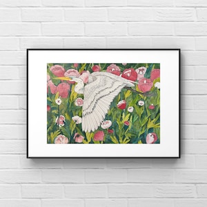 White Egret Art Print, Egret Bird in the wild  Peony Flowers