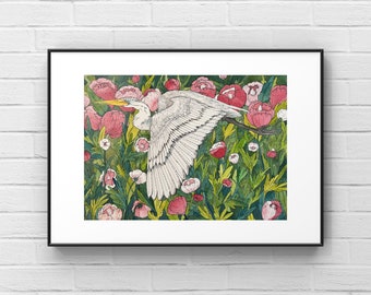 White Egret Art Print, Egret Bird in the wild  Peony Flowers