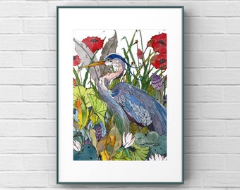 Blue Heron Bird Art Print. Blue Heron Bird Watercolor Print. Blue Heron Art. Wall Decor. KingaRooArt Watercolor Painting.