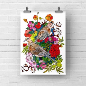 May include: Two brown and white mourning doves perched on a branch with red, pink, and white flowers. The flowers are surrounded by green leaves. The background is white.