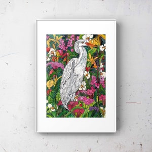White Egret Bird Watercolor and Ink Artwork Print or Poster, Costal Bird Art, Bird Home Decor, Bird Wall Art, Bird Lover Gift