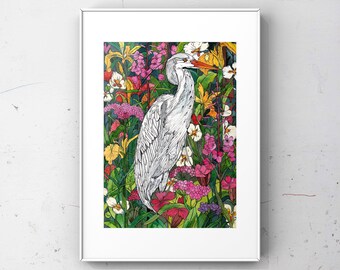 White Egret Watercolor Print, Coastal Bird Art
