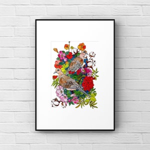 May include: Two brown and white mourning doves perched on a branch of flowers. The flowers are red, pink, white, and yellow. The background is white.