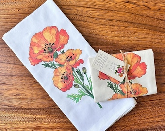 California Poppy Flower, Flour Sack Tea Towel, Unbleached or White Tea Towel, Poppy Kitchen Decor, Poppy Flower Gift, Housewarming Gift,