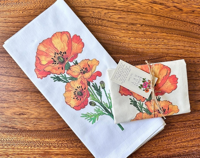 California Poppy Flower, Flour Sack Tea Towel, Unbleached or White Tea Towel, Poppy Kitchen Decor, Poppy Flower Gift, Housewarming Gift,