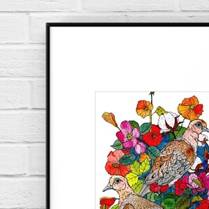 May include: A watercolour painting depicting two doves nestled amongst a vibrant arrangement of flowers. The flowers are in shades of pink, red, yellow, and orange, with green leaves and stems. The doves are brown and white with intricate markings.