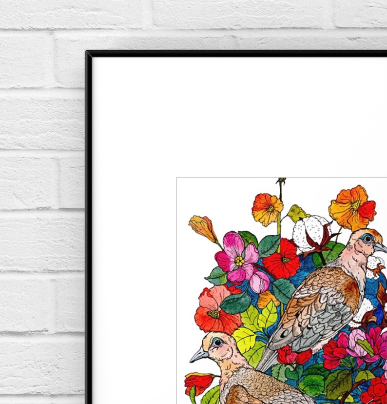 May include: A watercolour painting depicting two doves nestled amongst a vibrant arrangement of flowers. The flowers are in shades of pink, red, yellow, and orange, with green leaves and stems. The doves are brown and white with intricate markings.