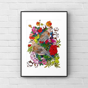 May include: Two brown and grey mourning doves perched on a branch with red, pink, white and yellow flowers. The doves are surrounded by green leaves and cotton bolls.