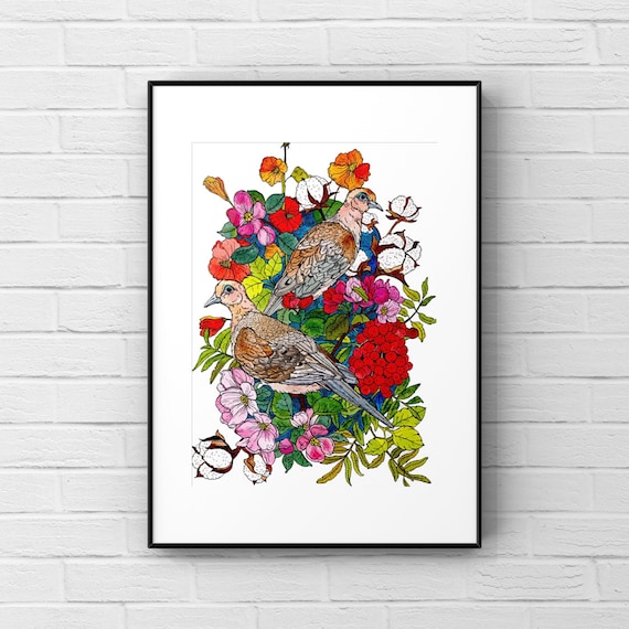 Mourning Doves Watercolor Art Print, Floral Bird Illustration