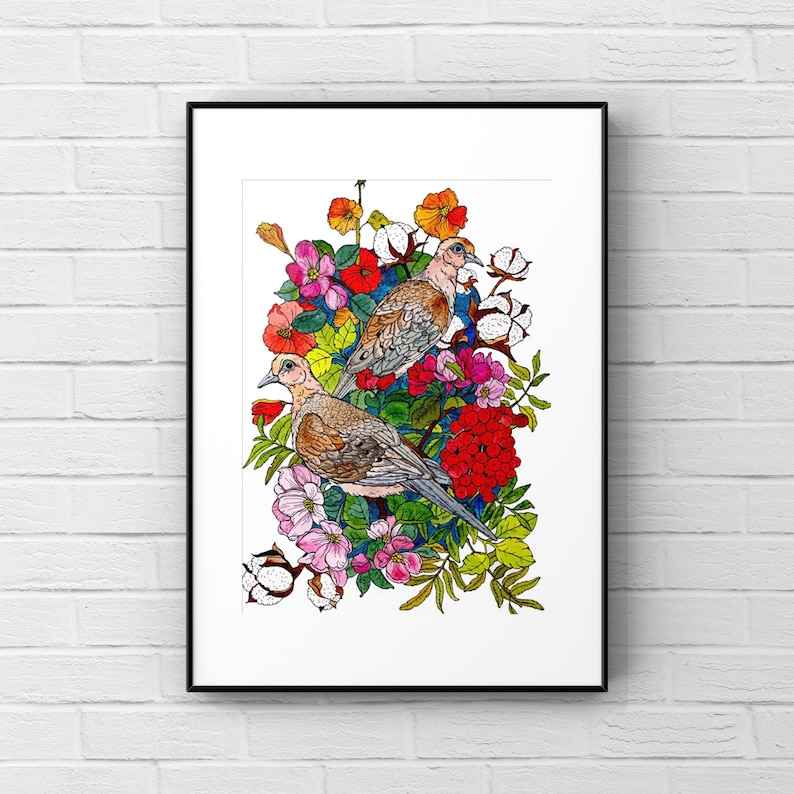 May include: Two brown and grey mourning doves perched on a branch with red, pink, white and yellow flowers. The doves are surrounded by green leaves and cotton bolls.