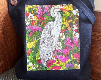 Blue Heron Denim Tote Bag, Zipper Pocket, USA Made