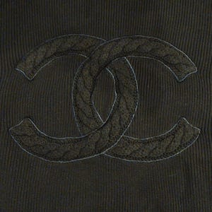 May include: Close-up of a dark brown knit fabric featuring a large, intertwined double-C logo. The logo is textured with a cable knit pattern and outlined with a thin, light-colored thread, creating a subtle contrast against the darker background.
