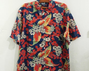 Camisa Polo Ralph Lauren vintage dos anos 90 com estampa floral havaiana e manga curta.