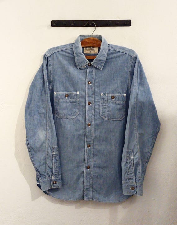Freewheelers “Neal Cassady” 30s-Inspired Chin Strap Chambray Shirt.Size 15