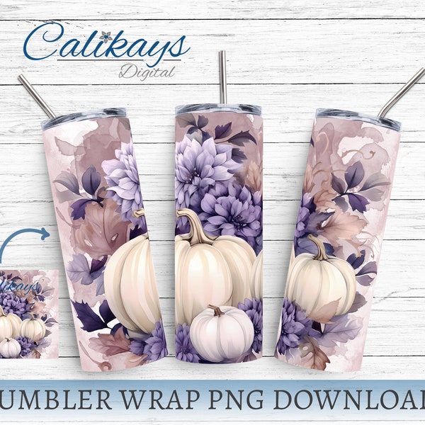 Pumpkin Tumbler Wrap Sublimation Designs, Autumn 20oz Skinny Tumbler Png, Purple Floral Tumbler Wrap