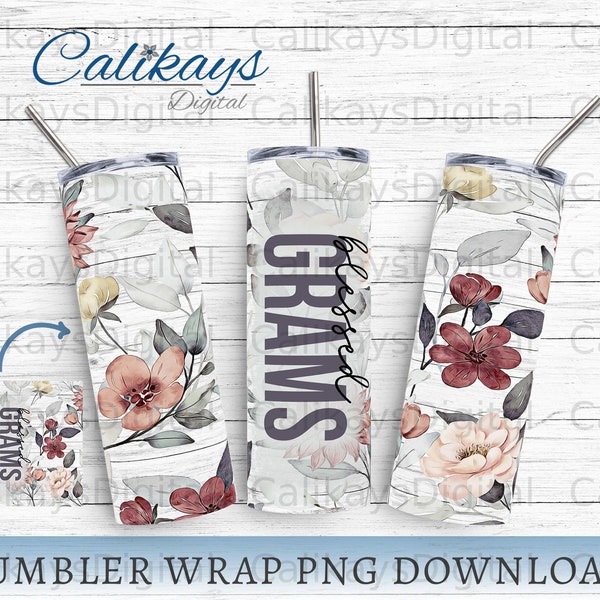 Blessed Grams Tumbler Wrap, Sublimation Designs Skinny Seamless Floral Tumbler, 20oz Skinny Tumbler Design