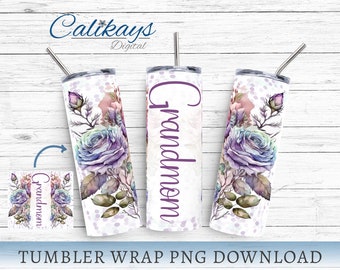 Grandmom Tumbler Wrap Design for Sublimation Png, 20oz Skinny Designs for Her, Instant Download, Purple Floral