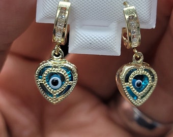 14k Yellow Gold Light Blue Hearts Evil Eye Stones Huggie Earrings