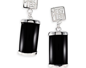 Sterling Silver Black Onyx Chinese Long Dangle Earrings