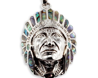 Genuine Sterling Silver 925 Native American Indian Head and Feather Pendant 
