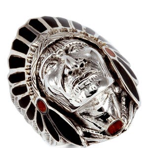 New Onyx Red Agate American Indian Head 925 Silver Ring image 1