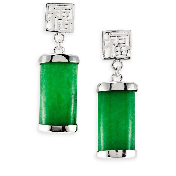 Silver Sterling Green Jade Chinese Long Dangle Pendientes