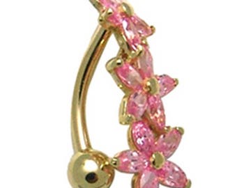 14k Yellow Gold Pink Marquise CZ 14g Flower Belly Ring