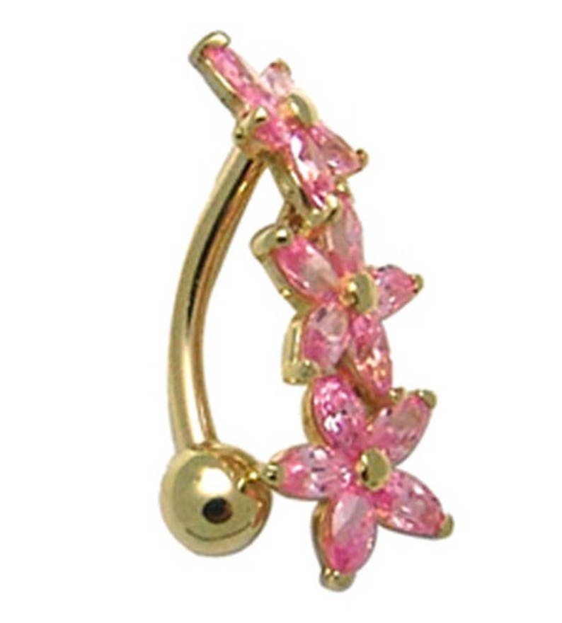 14k Yellow Gold Pink Marquise CZ 14g Flower Belly Ring image 1