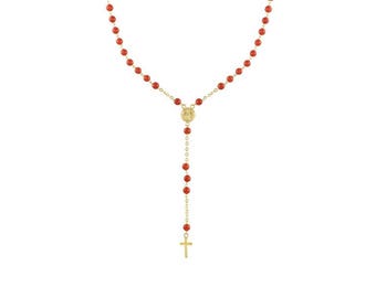 14k Yellow Gold Coral Beads Religious Rosary Necklace