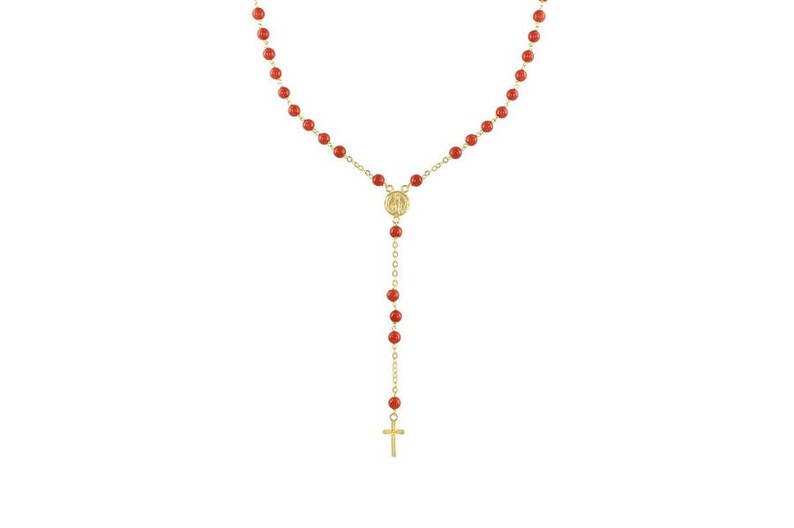 14k Yellow Gold Coral Beads Religious Rosary Necklace