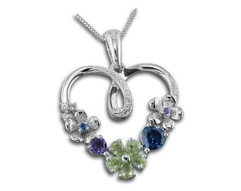 925 Sterling Silver Heart Sapphire Peridot Amethyst Gemstone Pendant Necklace