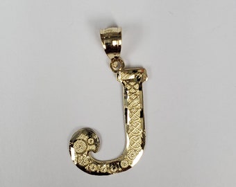 14K Gold Diamond Cut Block Initial Letter J Charm Pendant