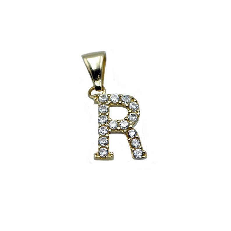 14K Yellow Gold Initial Letter R White Diamond CZ Stone Pendant image 1