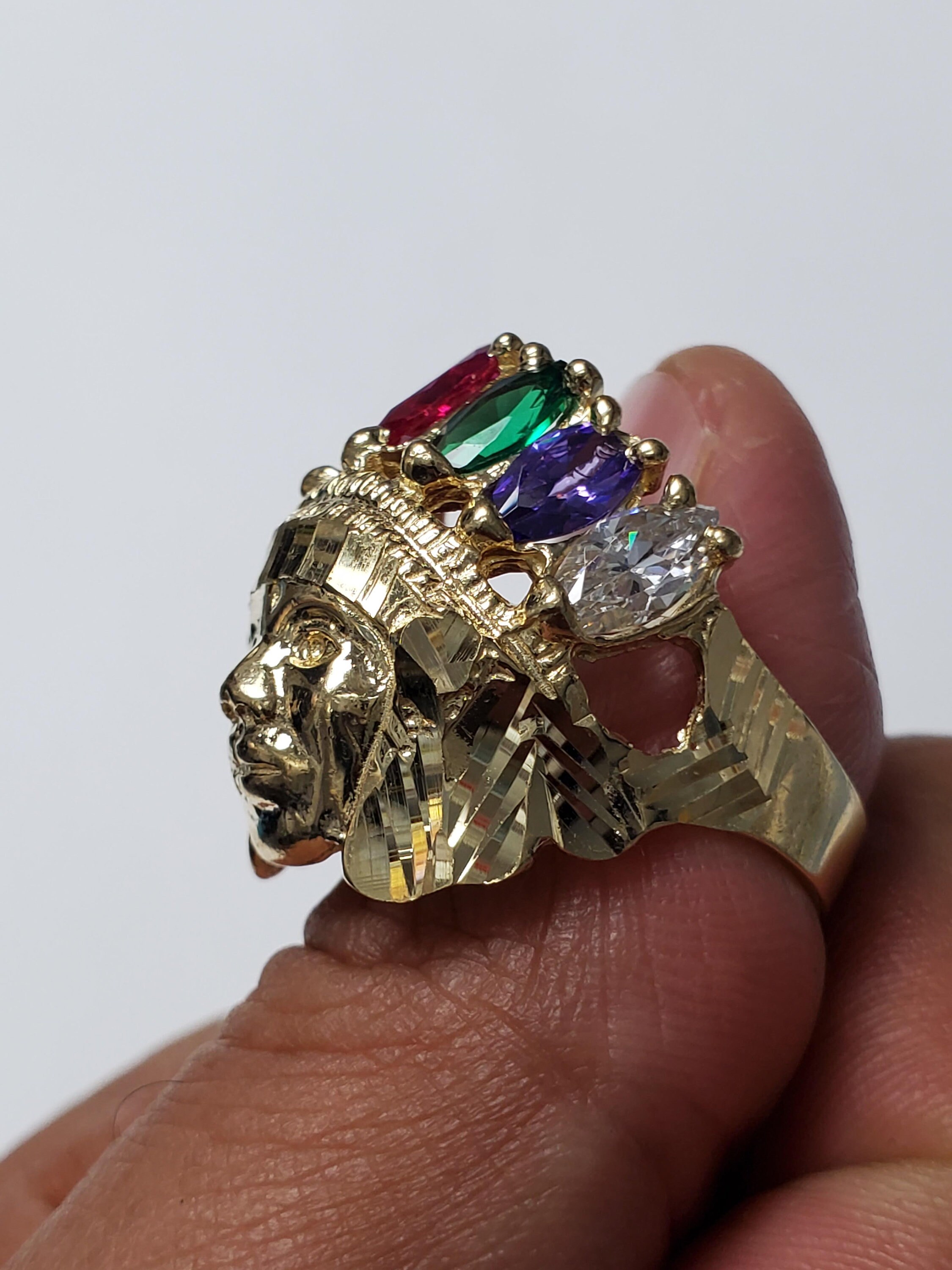 14k Gold Indian Chief Head Ring With Multicolor CZ Stones Etsy