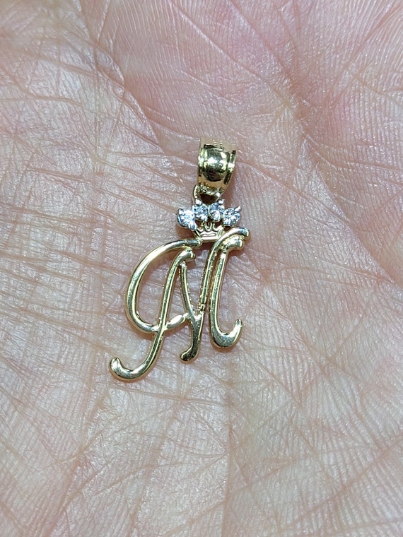 14K Yellow Gold Crown Initial Letter M White CZ Stone Pendant