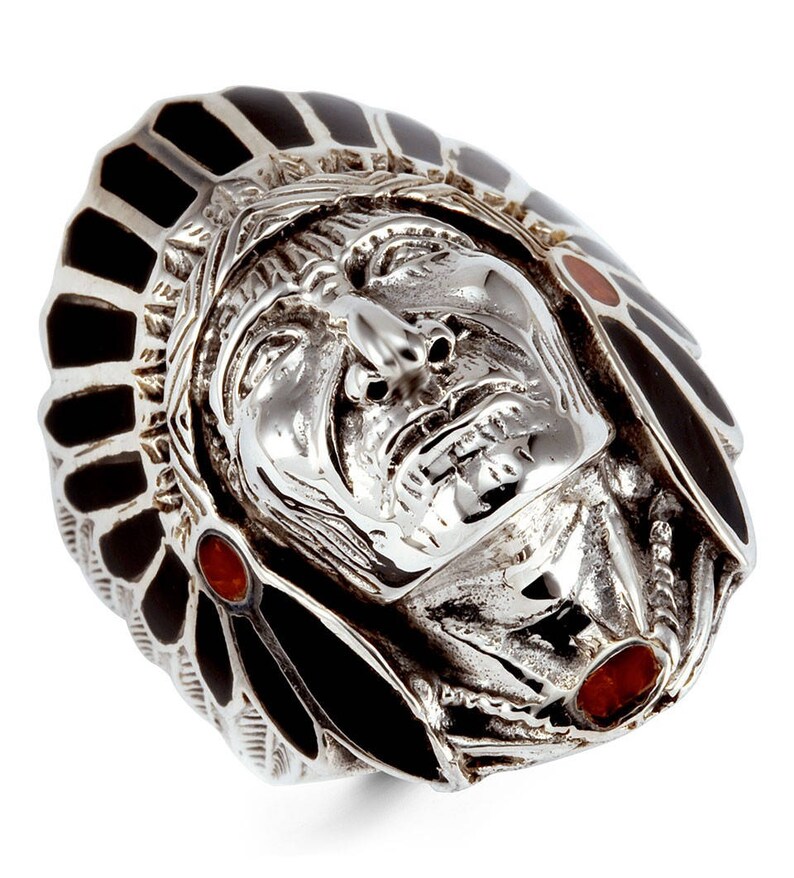 New Onyx Red Agate American Indian Head 925 Silver Ring image 1