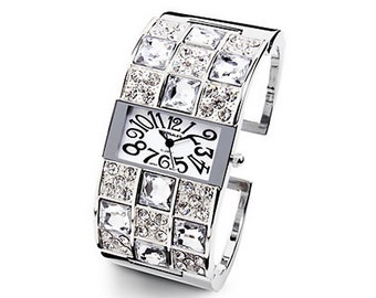 New Ladies Silver Tone White Checker CZ Bangle Watch