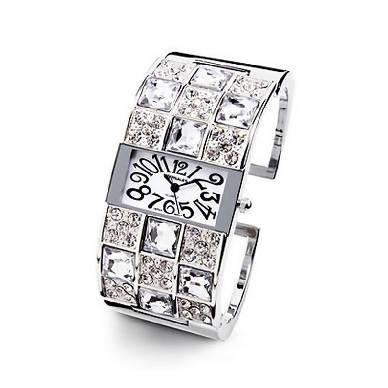 New Ladies Silver Tone White Checker CZ Bangle Watch image 1