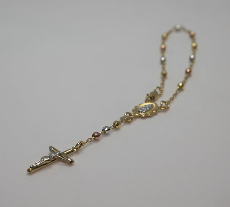 14k Gold Crucifix Rosary Bead Bracelet Christ Dangle Bracelet Tricolor Gold Rosary Bracelet