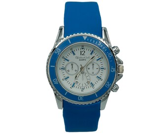 Montres Carlo Mens Chronograph Style White Dial Blue Rubber Strap Watch